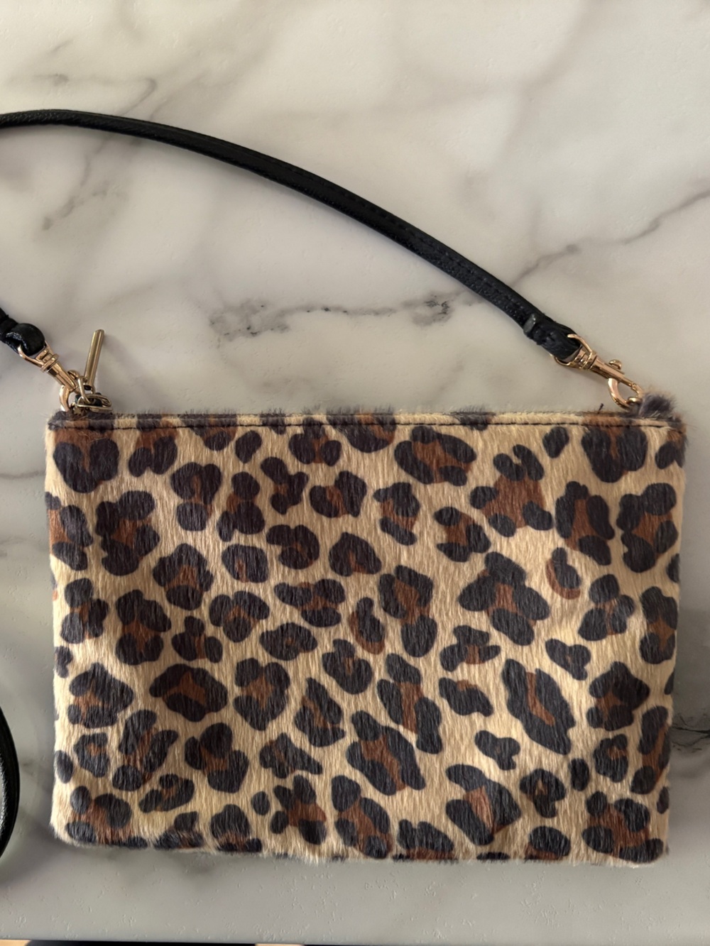 H&M Leopard Print Faux Fur Crossbody Bag Black Strap
